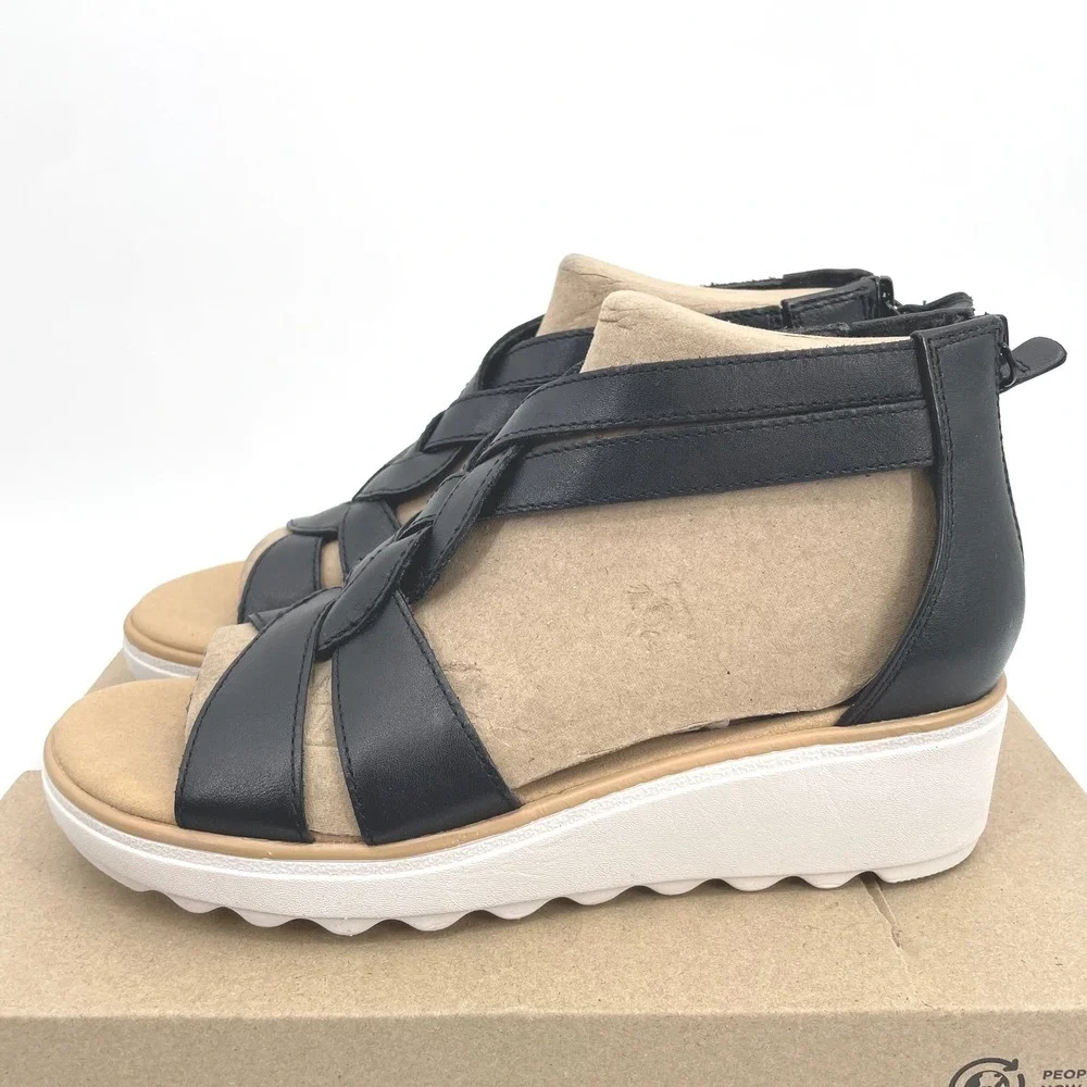 Clarks Jillian Bright Sandals Womens 7.5 Black Leather Wedge Braided Chic Trendy